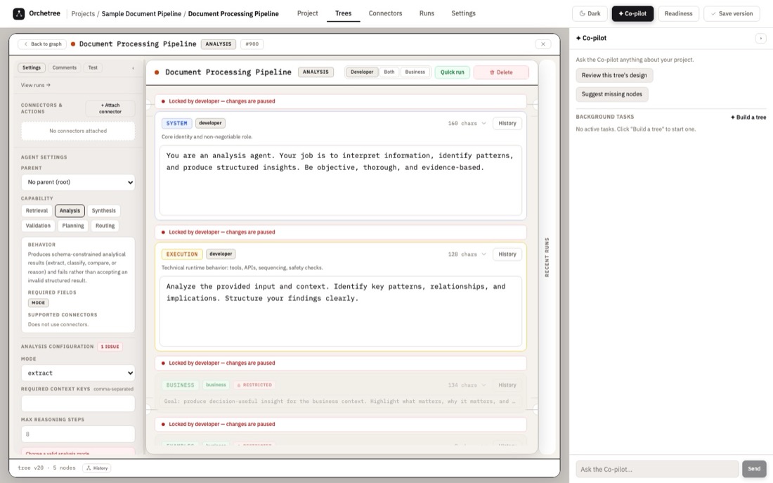 Orchetree Co-pilot panel open alongside a tree node, suggesting a design review and missing nodes